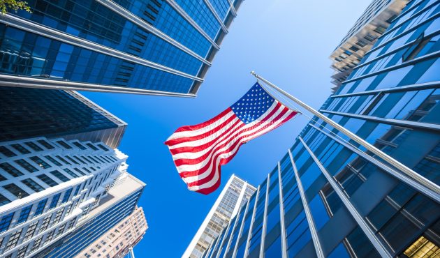 Modern building with USA flag
